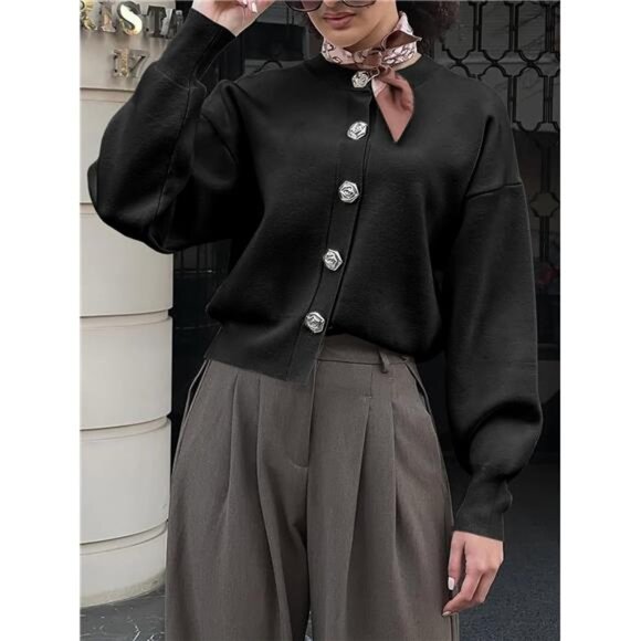 Knit Cardigan – Premium Button-Up Sweater with Lantern Sleeves - Picture 1 of 5